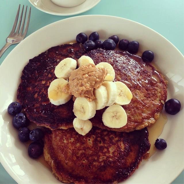 Recovery Meal: Pancakes Topped with Banana, Blueberries and Peanut Butter